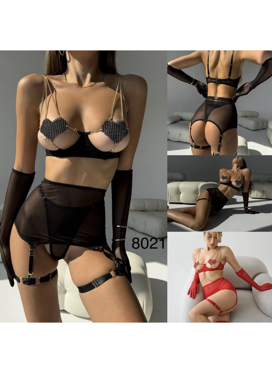 Еротичні боді, корсети та комбінезони Сексуальний боді-комплект зі стразами та підв’язками Sexy Bodice XG-8021 Червоний - жіноча білизна оптом у Dolche Noche