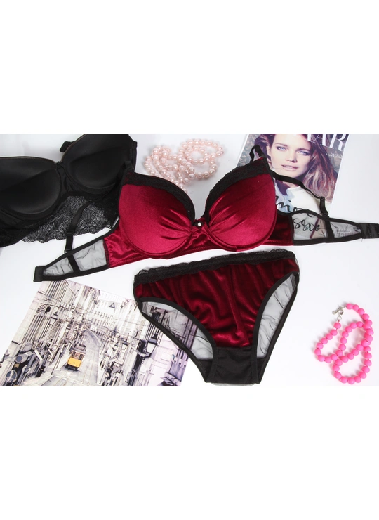 Чашка B 3945 Комплект білизни з Велюра PUDRA Бордовий - жіноча білизна оптом у Dolche Noche